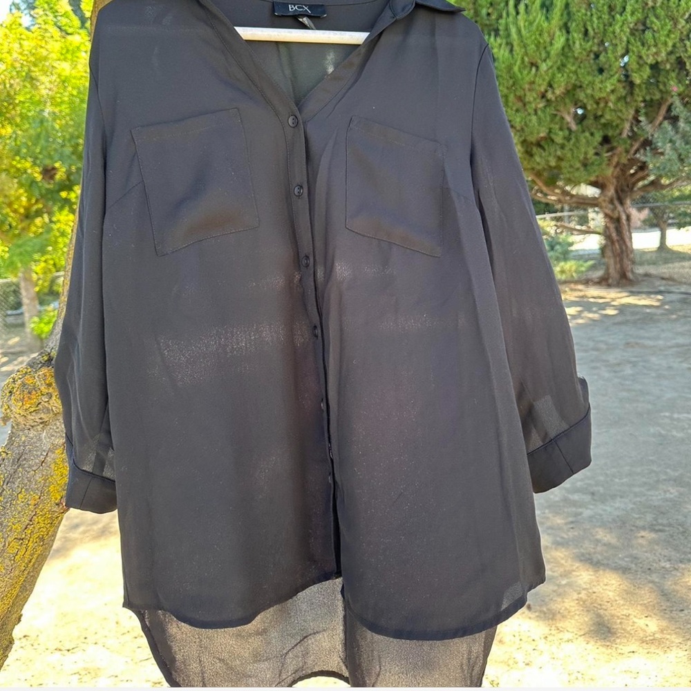 Macys Black Sheer Button-Up Blouse
